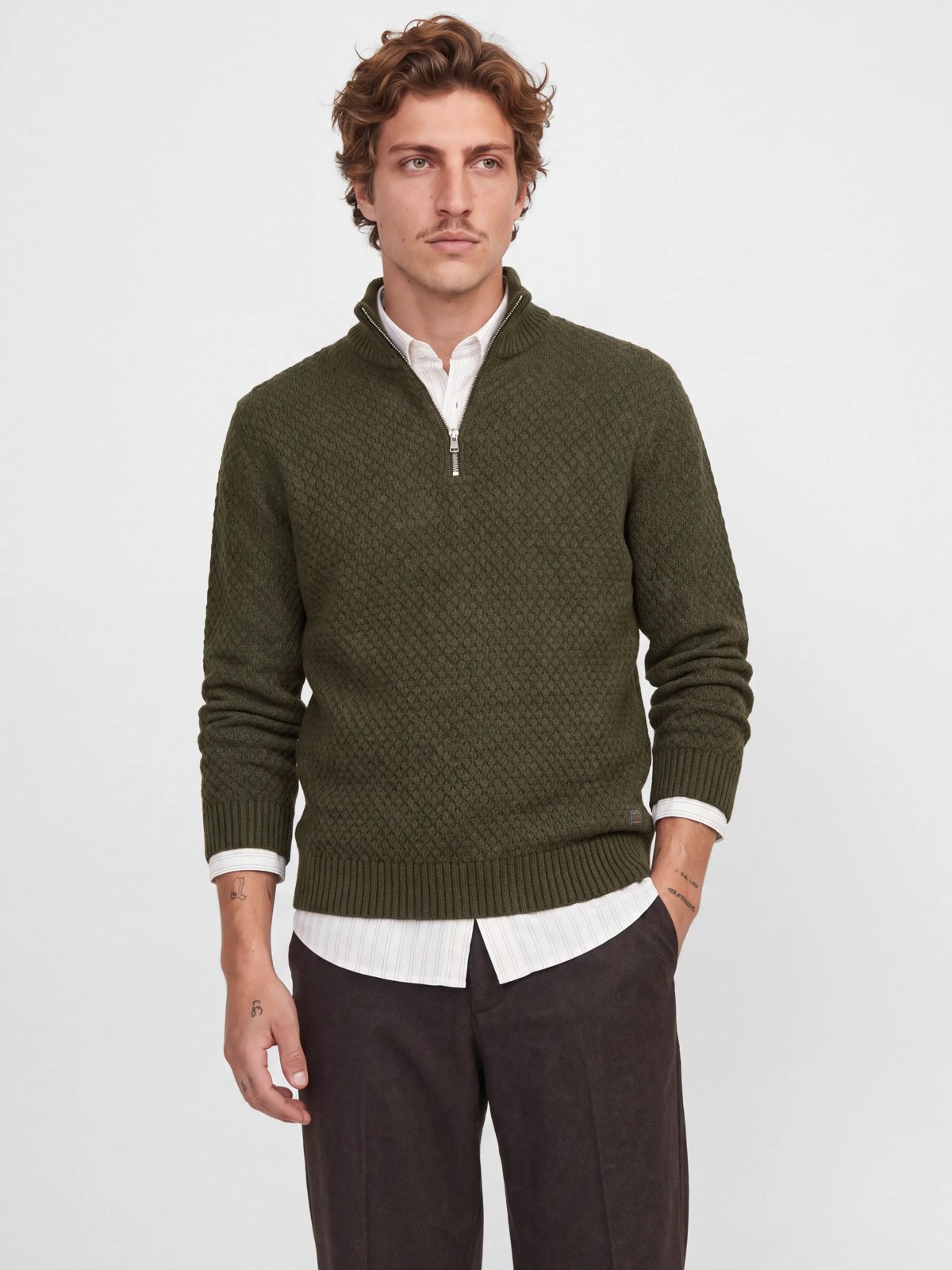Ανδρικό πλεκτό πουλόβερ Blake με φερμουάρ λαδί – JACK & JONES