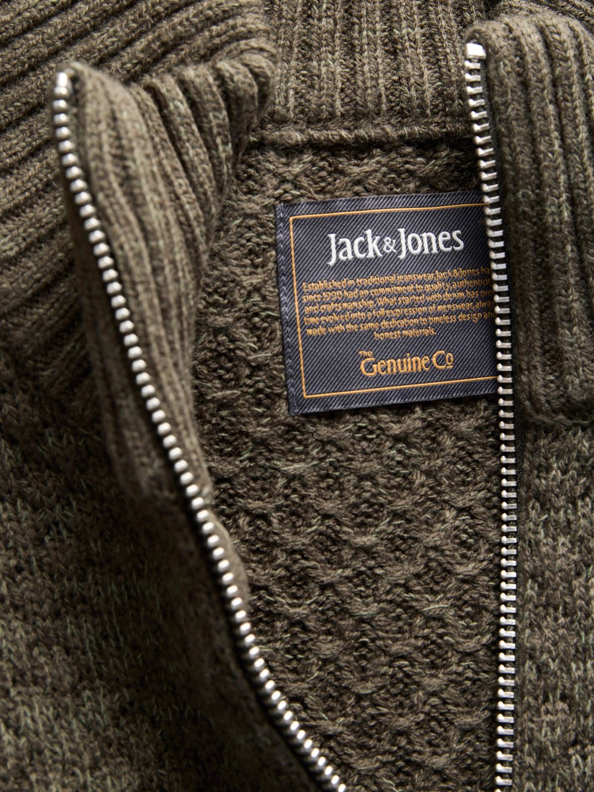 Ανδρικό πλεκτό πουλόβερ Blake με φερμουάρ λαδί – JACK & JONES