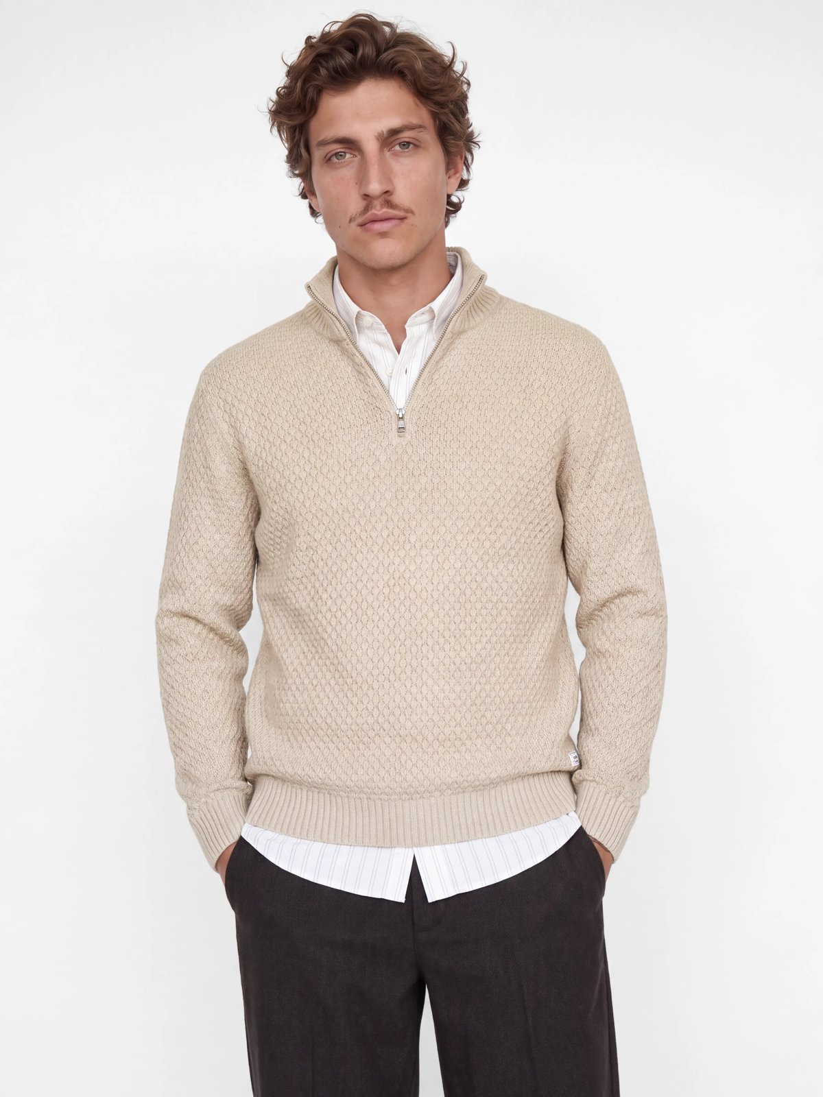 Ανδρικό πλεκτό πουλόβερ Blake με φερμουάρ μπεζ – JACK & JONES